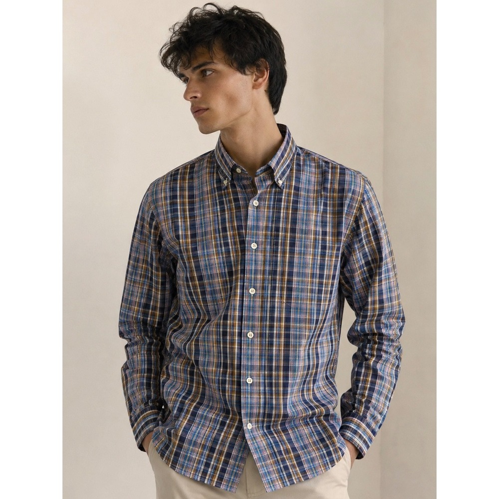 Peter Millar Mens Medium Plaid Button Down Shirt Blue Gold Cotton Long Sleeve